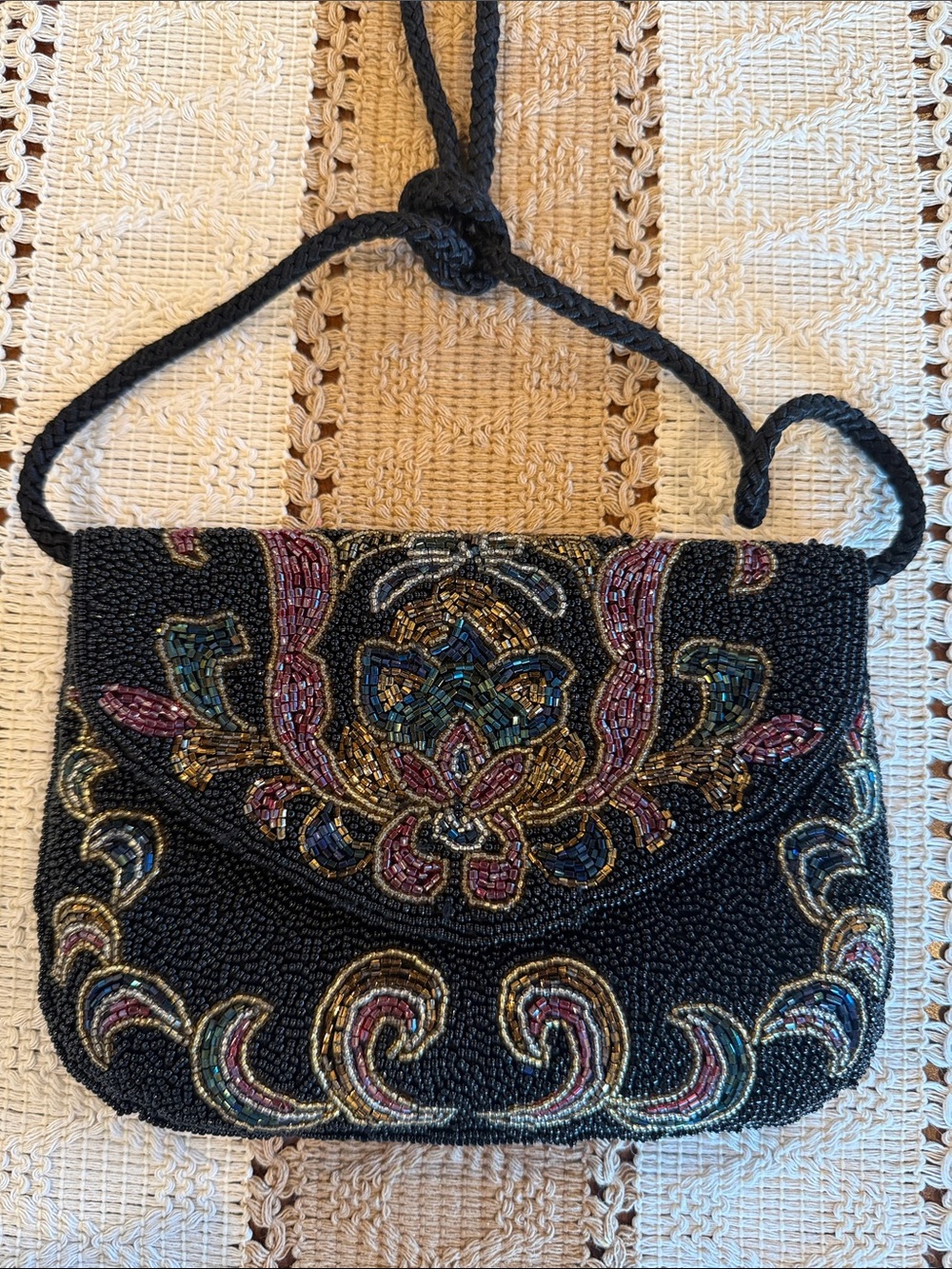 Black Beaded Floral-Accent Evening Wristlet